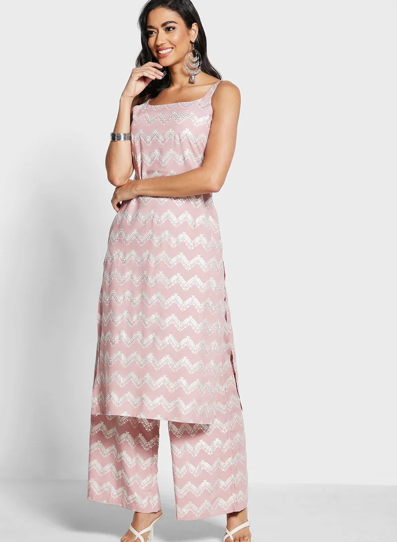 indya Blush Foil Straight Palazzo Pants with Pockets