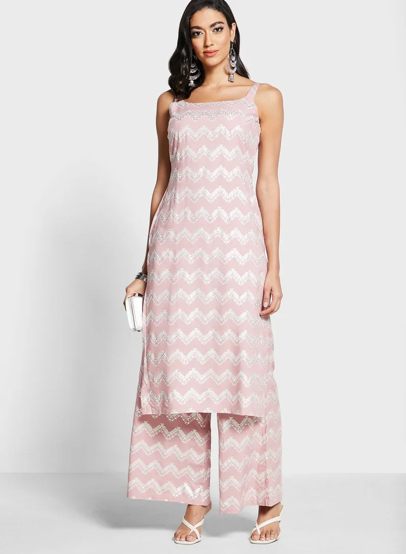 indya Blush Foil Straight Palazzo Pants with Pockets