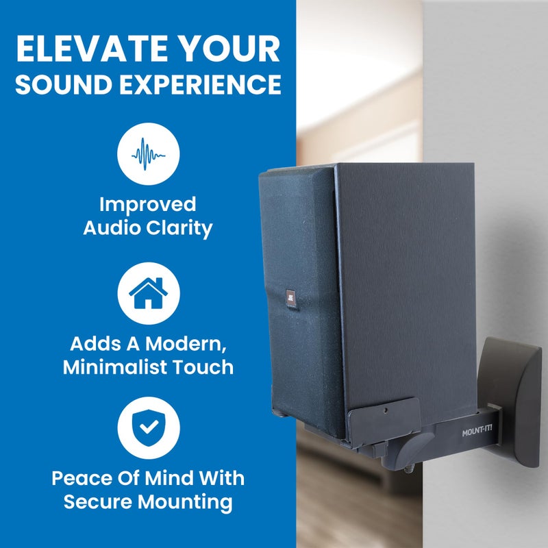 Mount-It! Bookshelf Speaker Wall Mount, Pair of Universal Side Clamping Speaker Shelf Wall Mounting Brackets for Large or Small Speakers, 2 Full Motion Mounts, 55 Lbs Capacity, Black (MI-SB37) - Image 2