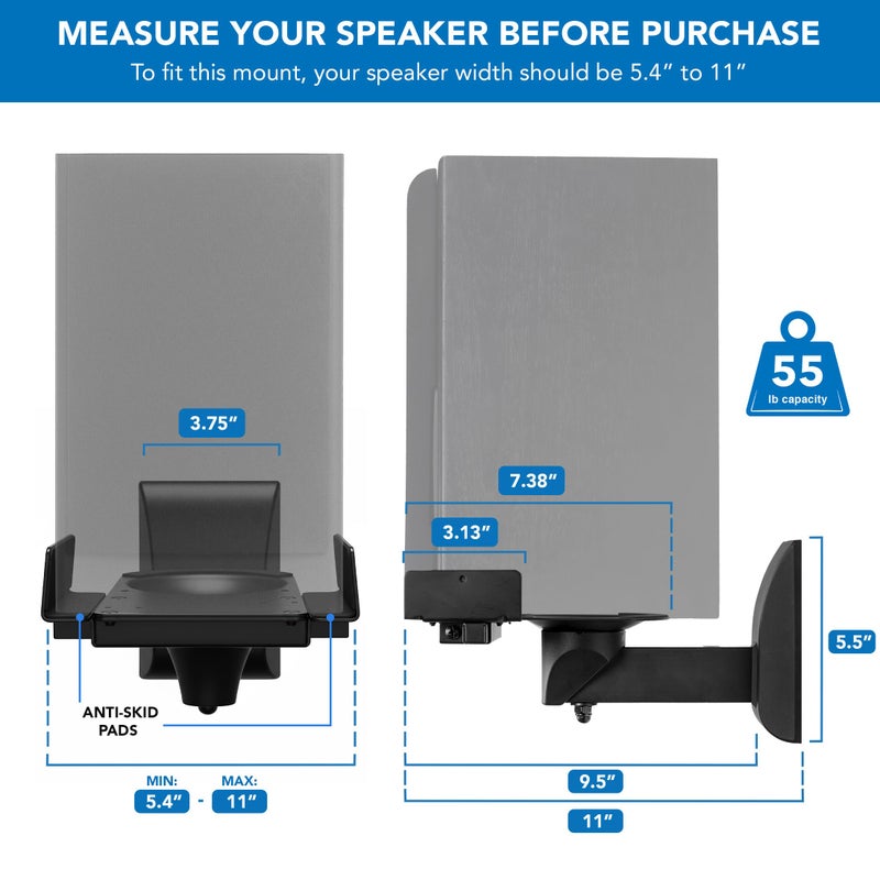 Mount-It! Bookshelf Speaker Wall Mount, Pair of Universal Side Clamping Speaker Shelf Wall Mounting Brackets for Large or Small Speakers, 2 Full Motion Mounts, 55 Lbs Capacity, Black (MI-SB37) - Image 5