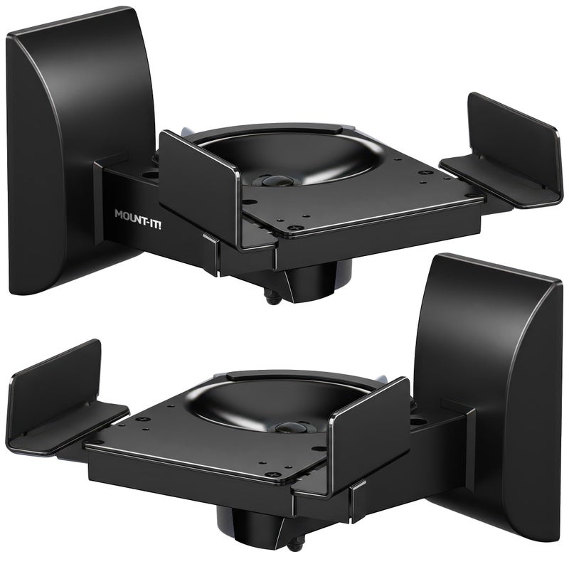 Mount-It! Bookshelf Speaker Wall Mount, Pair of Universal Side Clamping Speaker Shelf Wall Mounting Brackets for Large or Small Speakers, 2 Full Motion Mounts, 55 Lbs Capacity, Black (MI-SB37) - Image 1