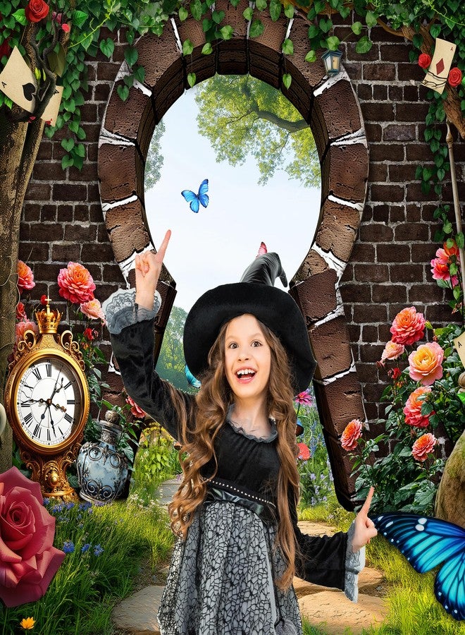 Newsely Wonderland Enchanted Tea Party Backdrop 7Wx5H Photography Spring Kids Fairy Tale Green Grass Flower Brick Wall Woodland Checkerboard Rabbit Photo Tapestry Party Decorations Background Props - Image 2