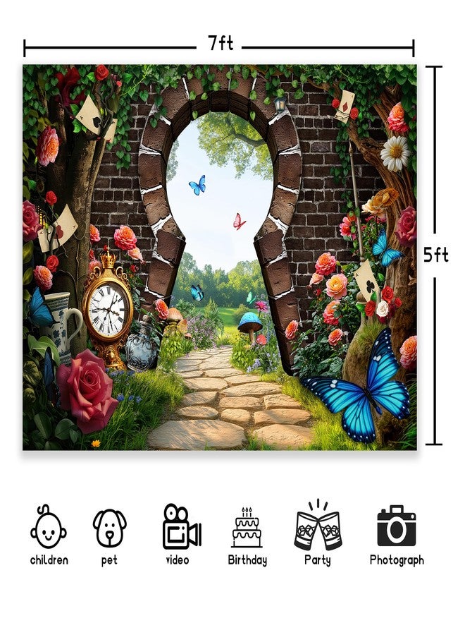 Newsely Wonderland Enchanted Tea Party Backdrop 7Wx5H Photography Spring Kids Fairy Tale Green Grass Flower Brick Wall Woodland Checkerboard Rabbit Photo Tapestry Party Decorations Background Props - Image 4