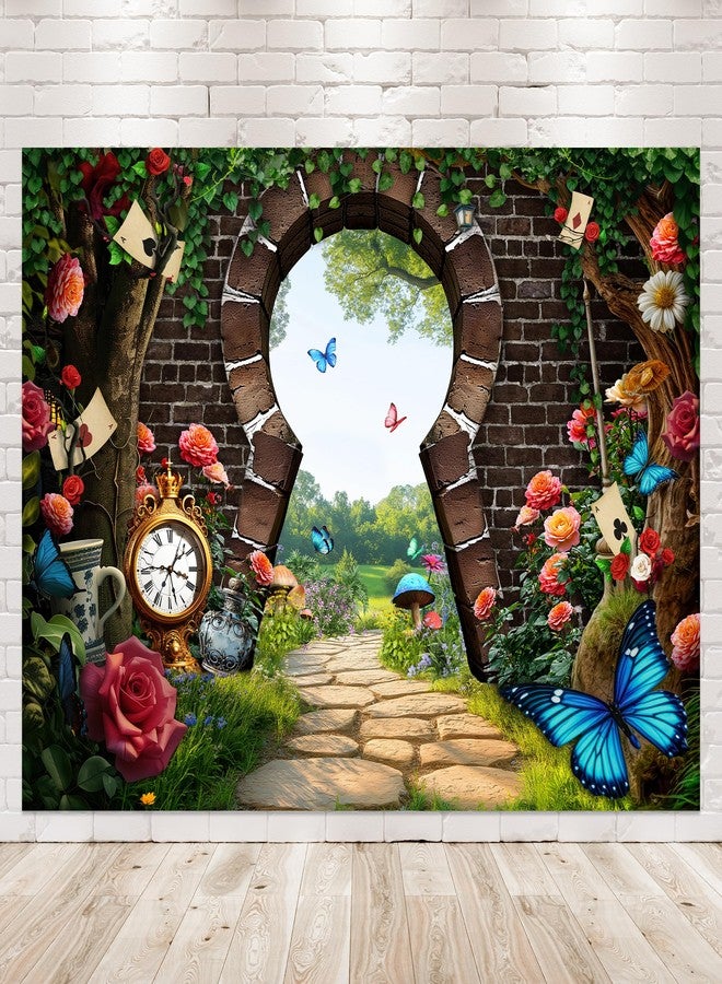 Newsely Wonderland Enchanted Tea Party Backdrop 7Wx5H Photography Spring Kids Fairy Tale Green Grass Flower Brick Wall Woodland Checkerboard Rabbit Photo Tapestry Party Decorations Background Props - Image 1