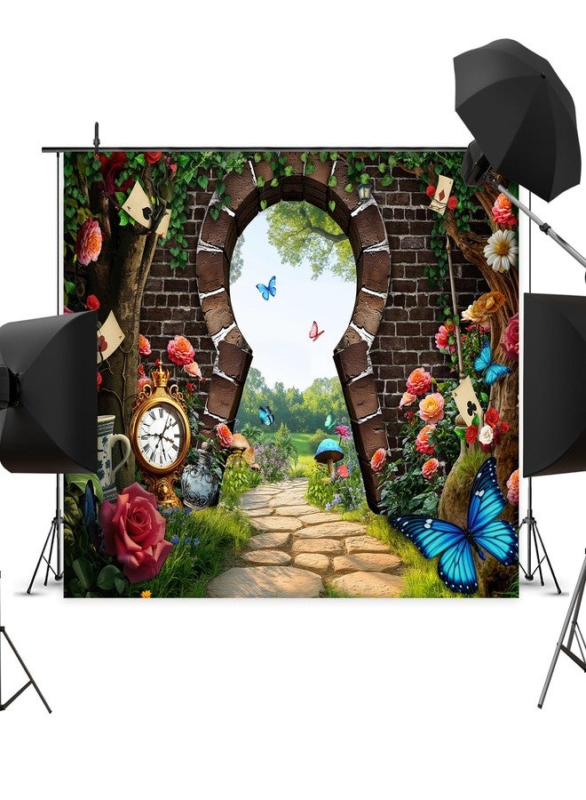 Newsely Wonderland Enchanted Tea Party Backdrop 7Wx5H Photography Spring Kids Fairy Tale Green Grass Flower Brick Wall Woodland Checkerboard Rabbit Photo Tapestry Party Decorations Background Props - Image 3