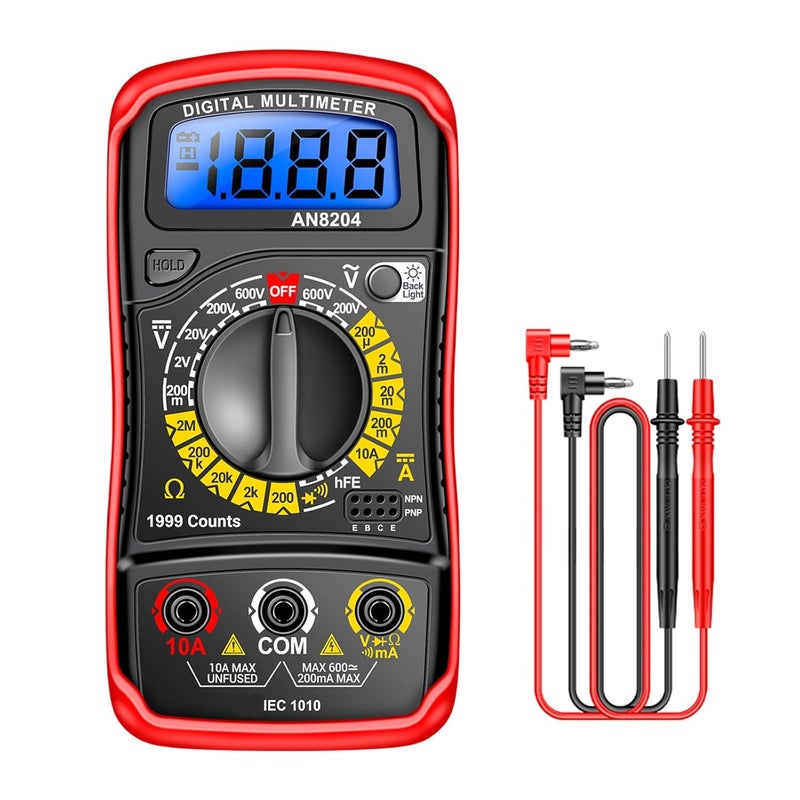 Red Digital Multimeter 1999 Counts Backlit Screen Voltmeter Ohmmeter Ammeter Tester - Image 1