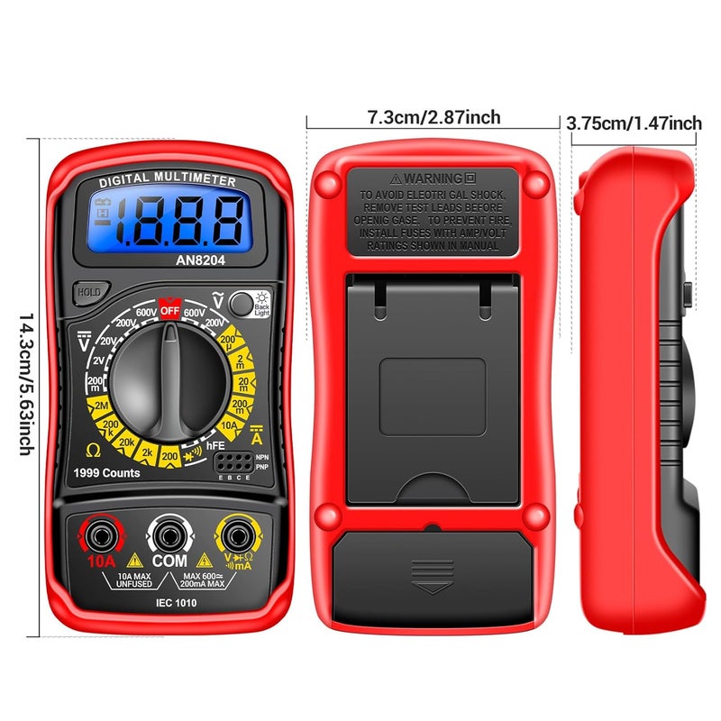 Red Digital Multimeter 1999 Counts Backlit Screen Voltmeter Ohmmeter Ammeter Tester - Image 5