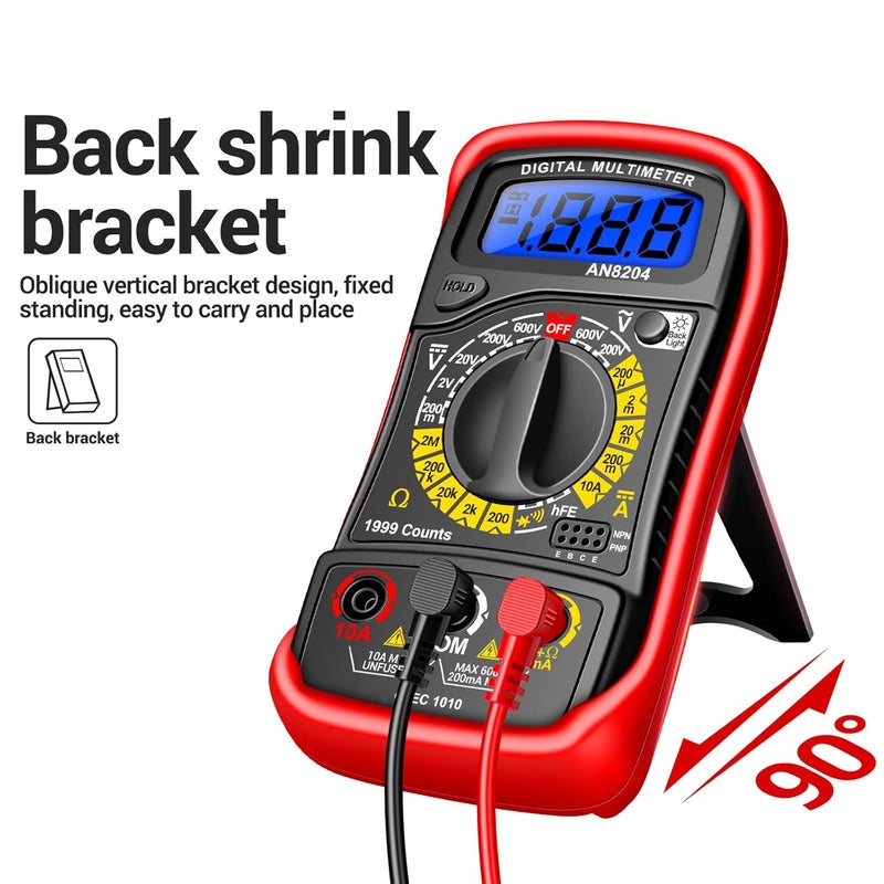 Red Digital Multimeter 1999 Counts Backlit Screen Voltmeter Ohmmeter Ammeter Tester - Image 4