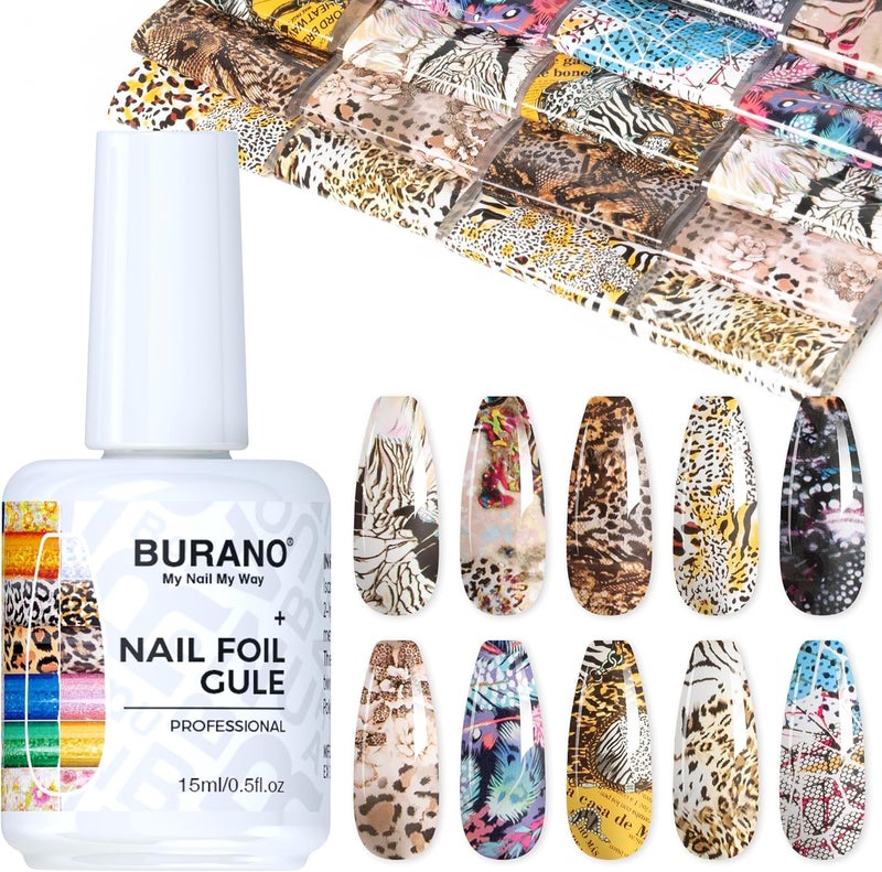 BURANO Nail Art Nail Foil Glue Gel, 15 ML 1 Bottle Foil Transfer Gel with 10PCS Stickers, UV LED Lamp Required Nail Design Foils Glue for Nails 20 - Image 1
