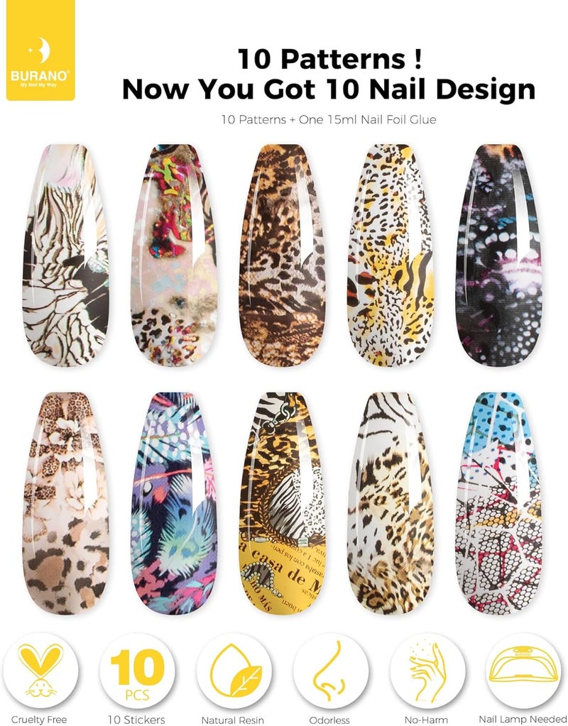 BURANO Nail Art Nail Foil Glue Gel, 15 ML 1 Bottle Foil Transfer Gel with 10PCS Stickers, UV LED Lamp Required Nail Design Foils Glue for Nails 20 - Image 2