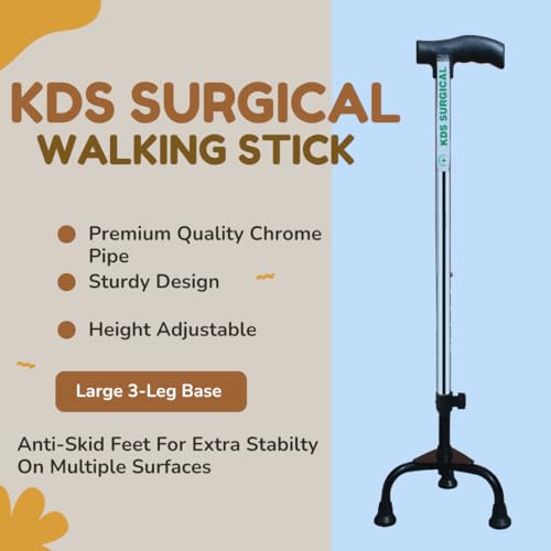 KDS SURGICAL Iron 3 Leg Chroome Height Adjustable Old People Walking Stick - Unisex, Silver - Image 3