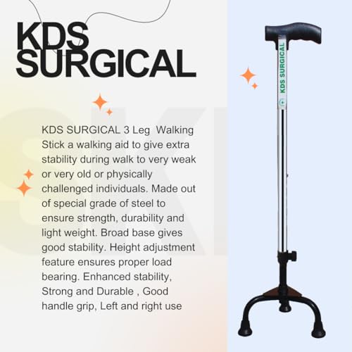 KDS SURGICAL Iron 3 Leg Chroome Height Adjustable Old People Walking Stick - Unisex, Silver - Image 2