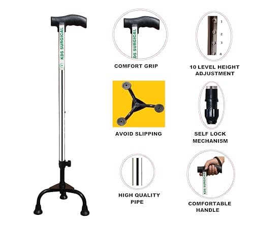 KDS SURGICAL Iron 3 Leg Chroome Height Adjustable Old People Walking Stick - Unisex, Silver - Image 4