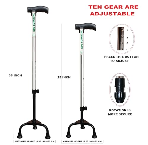 KDS SURGICAL Iron 3 Leg Chroome Height Adjustable Old People Walking Stick - Unisex, Silver - Image 5