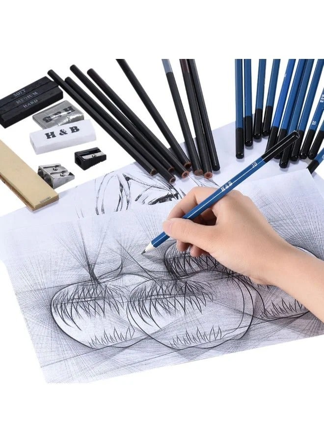مجموعة أقلام رصاص للرسم احترافية من 40 قطعة أسود/أزرق - Image 4