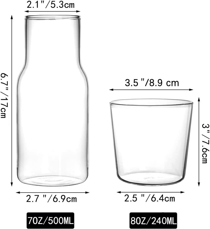 YOUEON 4 Pcs 17 Oz Bedside Water Carafe and Glass Set, Water Carafe with Glass Cup for Nightstand, Glass Mouthwash Bottle, Clear Juice Pitcher, Carafes with Cup for Kitchen, Bedroom or Bathroom - Image 2