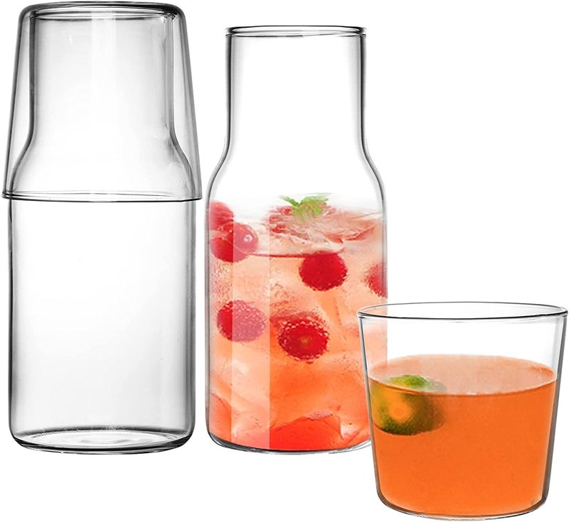 YOUEON 4 Pcs 17 Oz Bedside Water Carafe and Glass Set, Water Carafe with Glass Cup for Nightstand, Glass Mouthwash Bottle, Clear Juice Pitcher, Carafes with Cup for Kitchen, Bedroom or Bathroom - Image 1