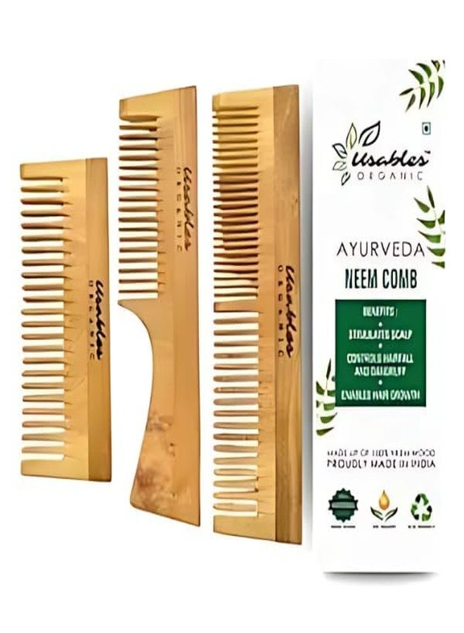 Usables ORGANIC Neem Wooden Comb Set for Women & Men | Wooden combs combo Hair Comb Set | Kachi neem comb for Women for Hair Growth | Dandruff remover comb Neem Wood Kangi for Hair (Pack of 3) - Image 1