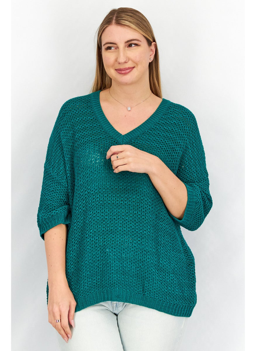 GERRY WEBER Women V neck Short Sleeve Knitted Sweater, Green  - Image 1