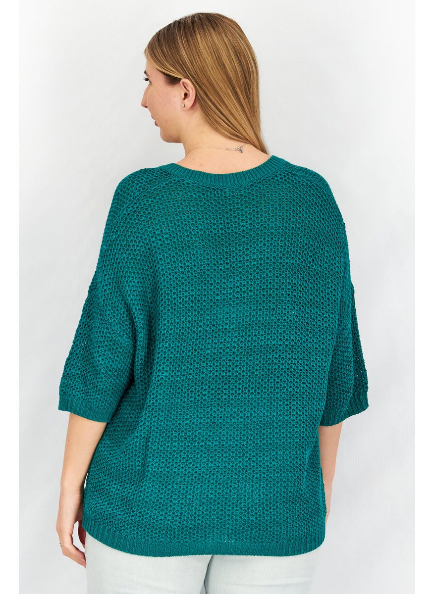 GERRY WEBER Women V neck Short Sleeve Knitted Sweater, Green  - Image 4