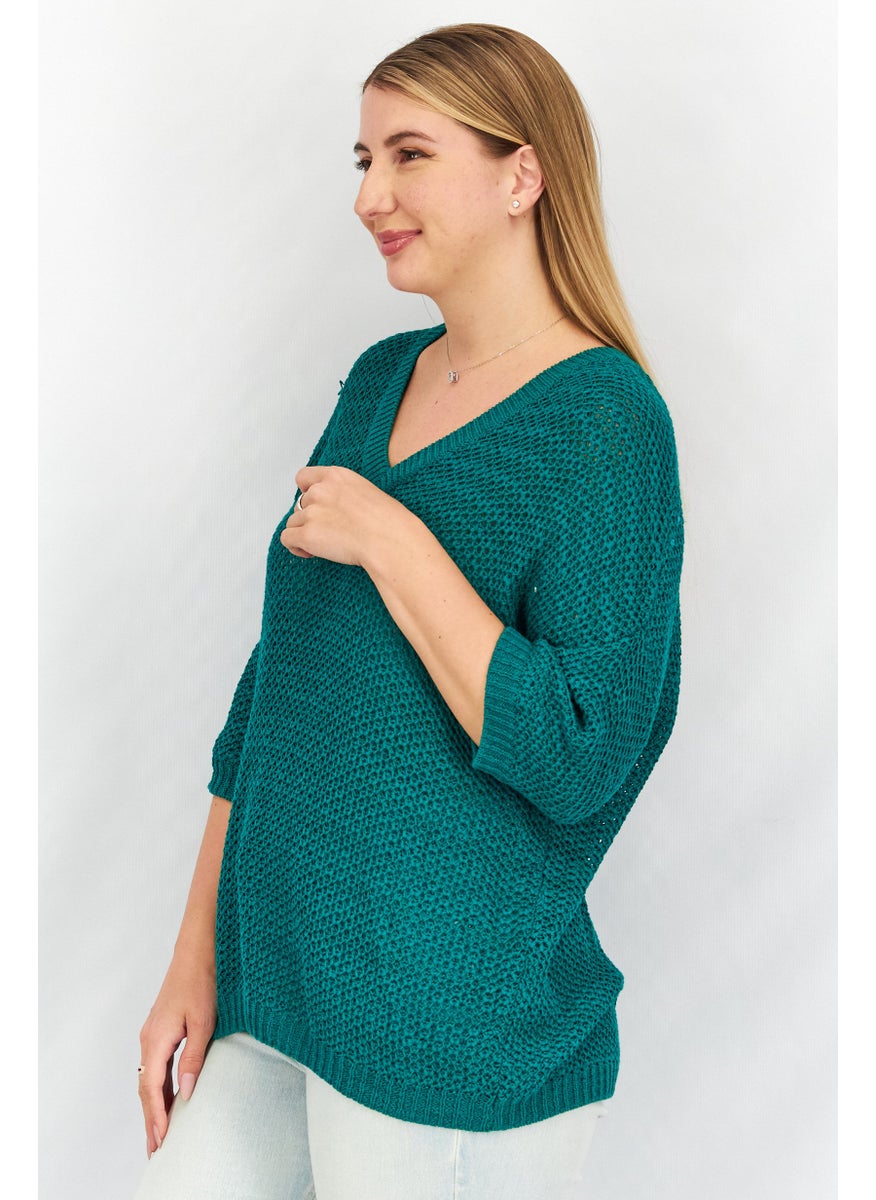 GERRY WEBER Women V neck Short Sleeve Knitted Sweater, Green  - Image 3