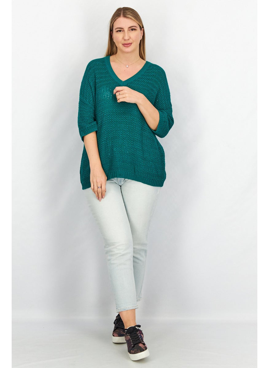 GERRY WEBER Women V neck Short Sleeve Knitted Sweater, Green  - Image 2