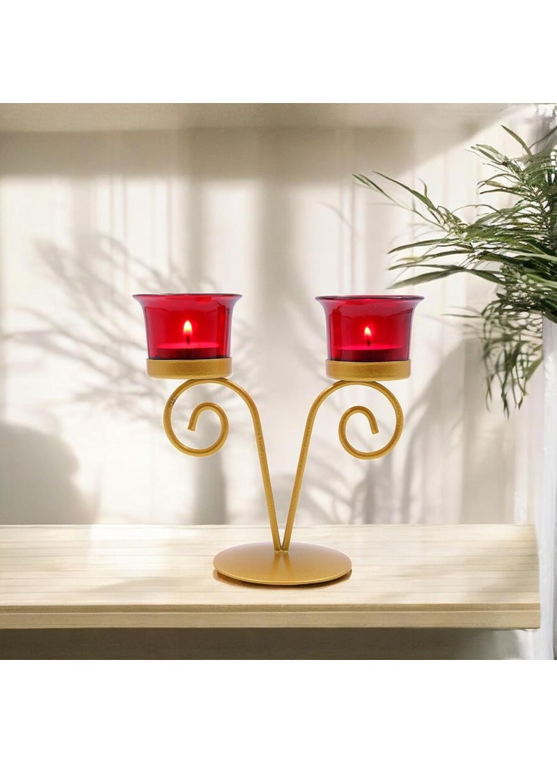 Hosley - HOSLEY Metal Red Glass Tealight Candle Holder| Candle Holder with Glass Holder Perfect for Home Decor Tabletop|Centrepiece Pack of 1 with Pack of 2 Cup & 2 Tealights (Gold) - Image 1