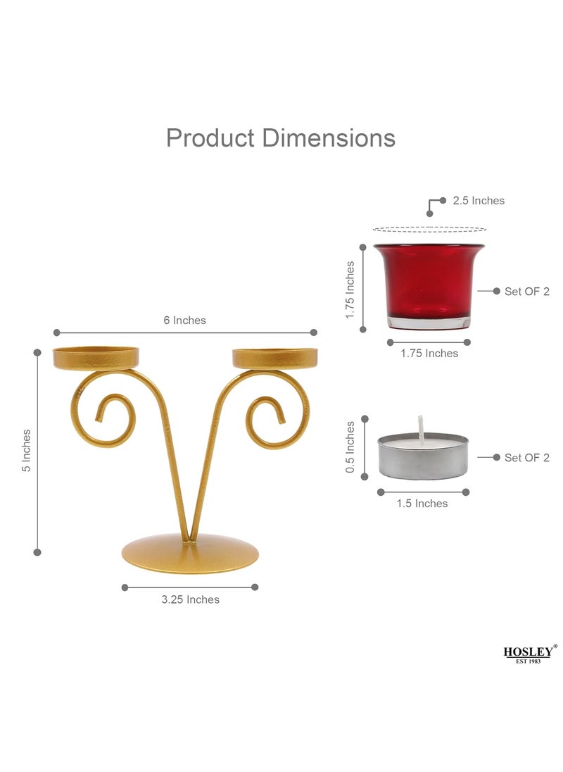 Hosley - HOSLEY Metal Red Glass Tealight Candle Holder| Candle Holder with Glass Holder Perfect for Home Decor Tabletop|Centrepiece Pack of 1 with Pack of 2 Cup & 2 Tealights (Gold) - Image 1