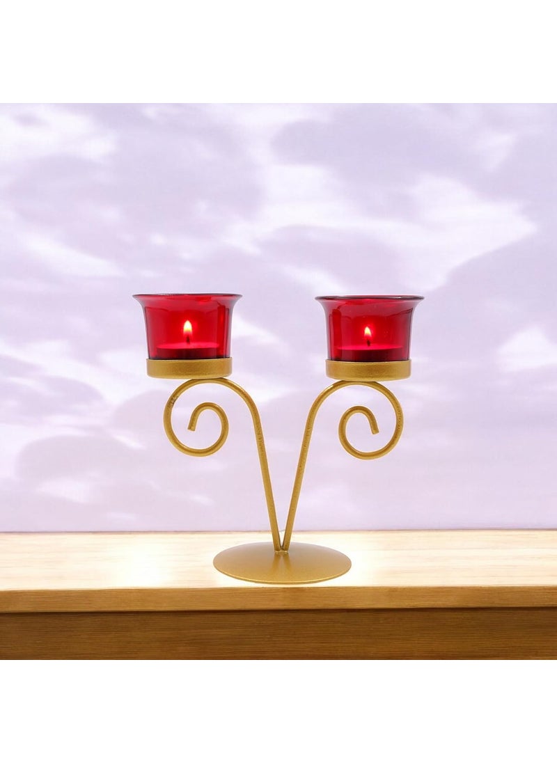 Hosley - HOSLEY Metal Red Glass Tealight Candle Holder| Candle Holder with Glass Holder Perfect for Home Decor Tabletop|Centrepiece Pack of 1 with Pack of 2 Cup & 2 Tealights (Gold) - Image 1