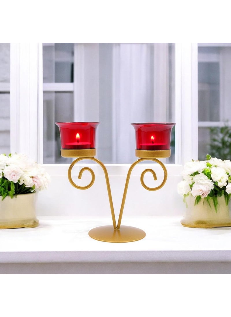 Hosley - HOSLEY Metal Red Glass Tealight Candle Holder| Candle Holder with Glass Holder Perfect for Home Decor Tabletop|Centrepiece Pack of 1 with Pack of 2 Cup & 2 Tealights (Gold) - Image 1