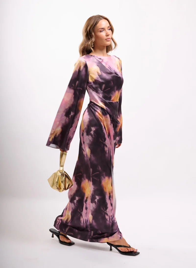 Faia purple pink yellow tie-dye Abstract Print Maxi Dress with Fluted Sleeve and Pleated Waist for Women | Best Price UAE