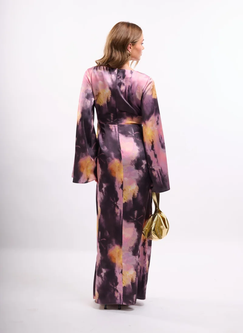 Faia purple pink yellow tie-dye Abstract Print Maxi Dress with Fluted Sleeve and Pleated Waist for Women | Best Price UAE