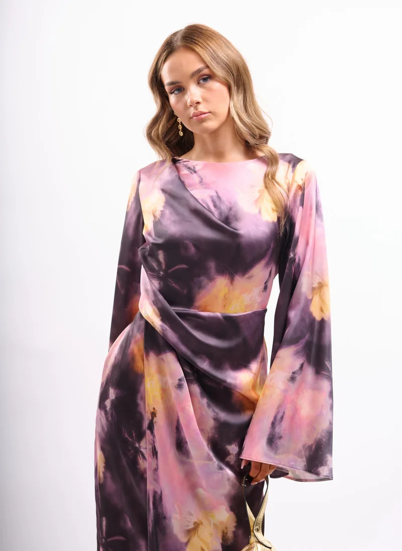 Faia purple pink yellow tie-dye Abstract Print Maxi Dress with Fluted Sleeve and Pleated Waist for Women | Best Price UAE
