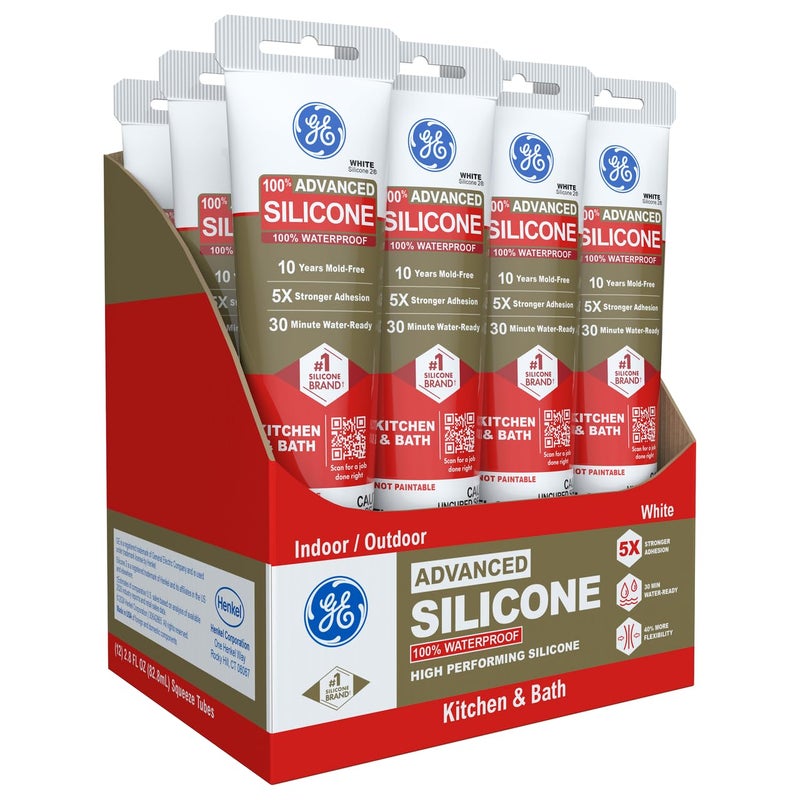 GE Advanced Silicone Caulk for Kitchen & Bathroom, White, 2.8 fl oz Tube, 12 Pack - 100% Waterproof Silicone Sealant, 5X Stronger Adhesion, Shrink & Crack Proof