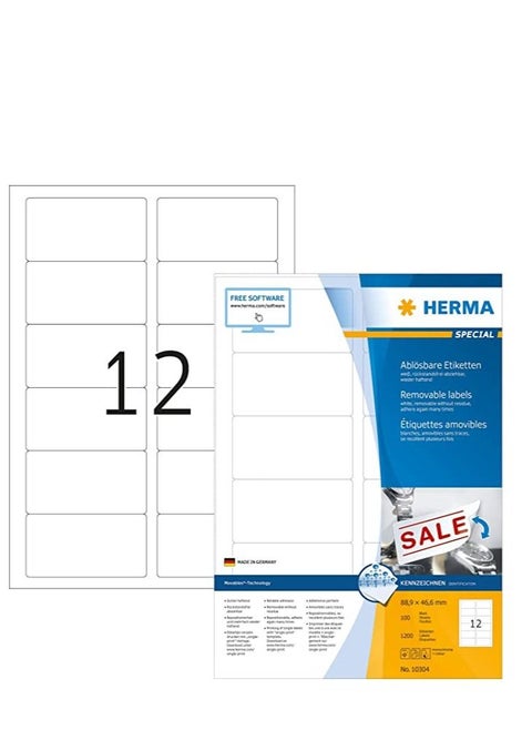 HERMA Self Adhesive Removable Multi-Purpose Labels, 12 Labels Per A4 Sheet, 1200 Labels For Printers, 88.9 x 46.6 mm (10304), White