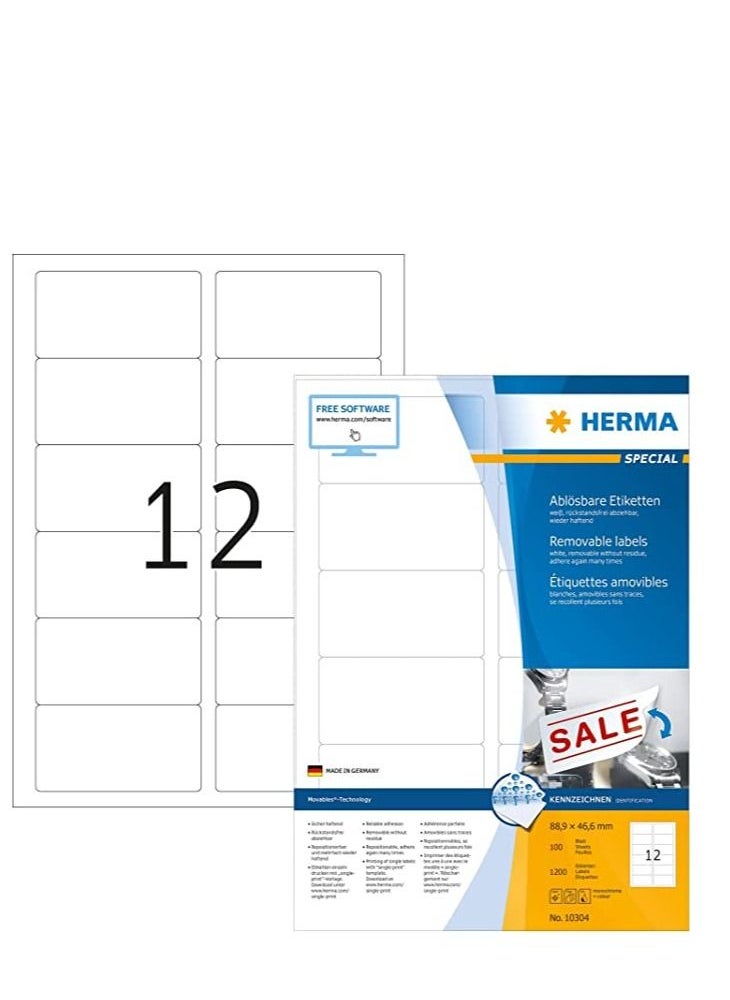 Herma - HERMA Self Adhesive Removable Multi-Purpose Labels, 12 Labels Per A4 Sheet, 1200 Labels For Printers, 88.9 x 46.6 mm (10304), White - Image 1