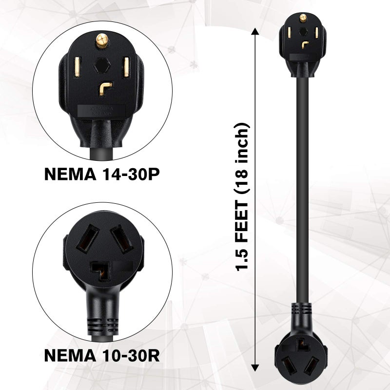 WELLUCK 1.5FT 3 Prong to 4 Prong Dryer Adapter, 3 to 4 Prong Dryer Plug Adapter, 4 Prone Dryer Outlet Adapter, 14-30P Male to 10-30R Female Receptacle for Old Clothes Dryer Converter, 30A, 250V - Image 4