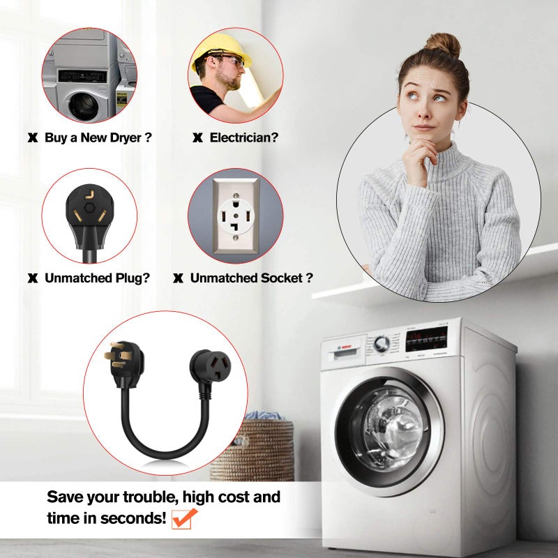 WELLUCK 1.5FT 3 Prong to 4 Prong Dryer Adapter, 3 to 4 Prong Dryer Plug Adapter, 4 Prone Dryer Outlet Adapter, 14-30P Male to 10-30R Female Receptacle for Old Clothes Dryer Converter, 30A, 250V - Image 3