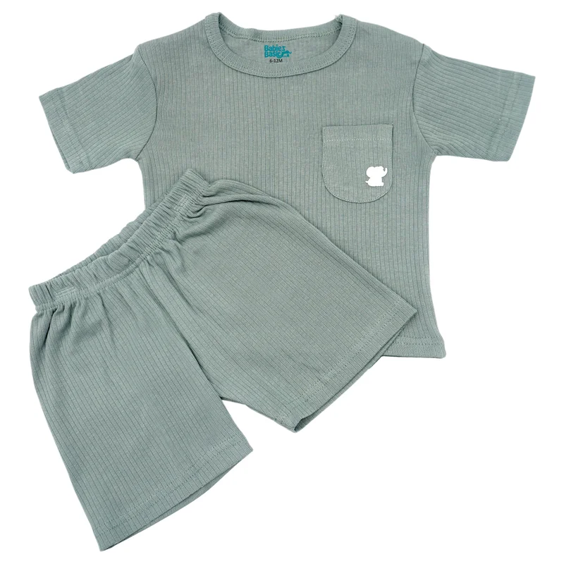 Babies Basic Babies Basic Ribbed Cotton Short Sleeves T-shirt and Plain Shorts Set, Green