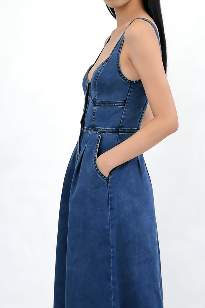 utcoco Denim Dress for Women Sleeveless Button Down Slim Fit Midi Jean Dresses for Women 2026 (Large, Dark Blue) - Image 4