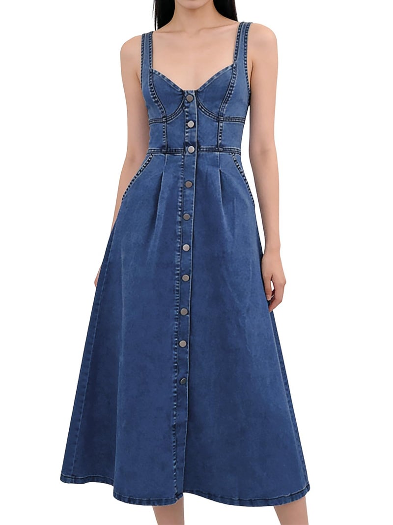utcoco Denim Dress for Women Sleeveless Button Down Slim Fit Midi Jean Dresses for Women 2026 (Large, Dark Blue) - Image 1