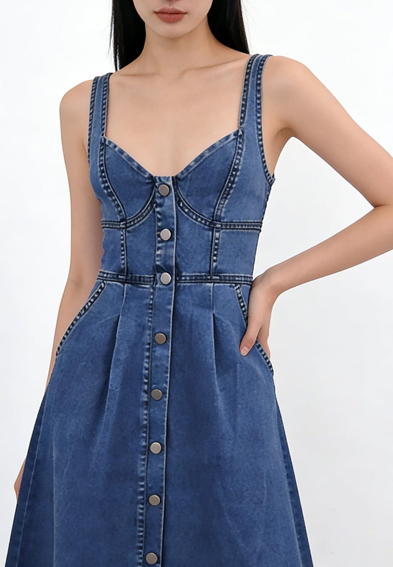 utcoco Denim Dress for Women Sleeveless Button Down Slim Fit Midi Jean Dresses for Women 2026 (Large, Dark Blue) - Image 2