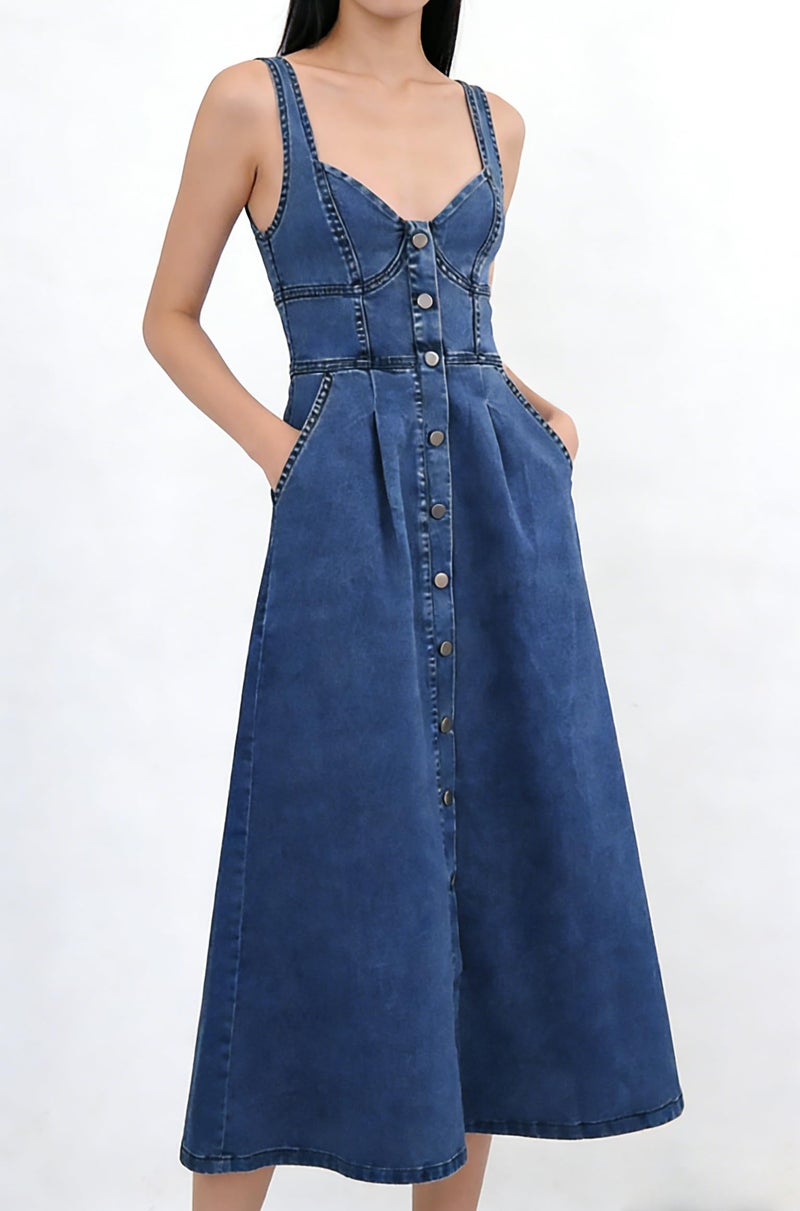 utcoco Denim Dress for Women Sleeveless Button Down Slim Fit Midi Jean Dresses for Women 2026 (Large, Dark Blue) - Image 5