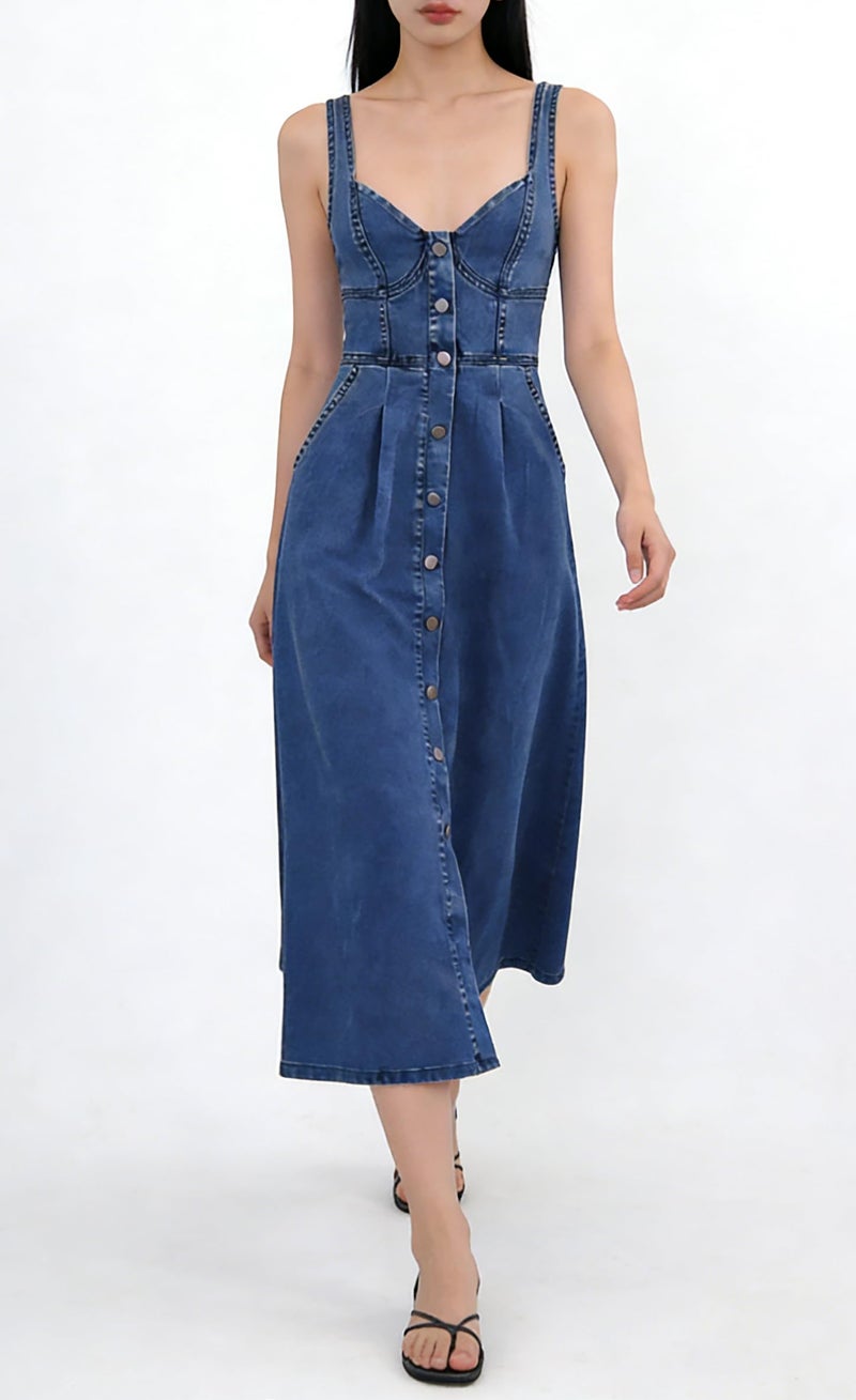 utcoco Denim Dress for Women Sleeveless Button Down Slim Fit Midi Jean Dresses for Women 2026 (Large, Dark Blue) - Image 3