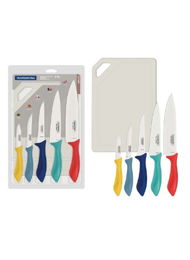 TRAMONTINA - Since 1911,Made in Brazil-  6 Pieces Knives Set With Cutting Board | Stainless Steel Blades With Polypropylene Handles Multicolor | Chef, Kitchen, Boning, Steak And Vetables Knife Affilata - Image 1