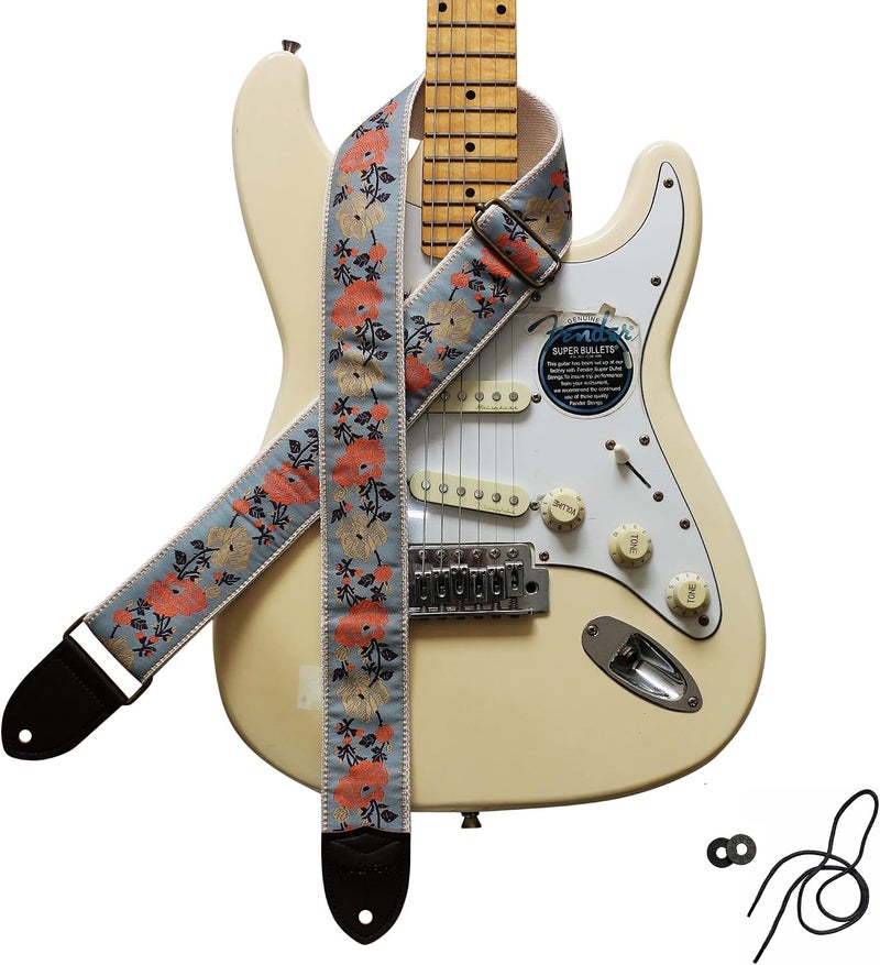 MUSIC FIRST High End Embroidery Grey Rose Electric Guitar Strap - Image 1