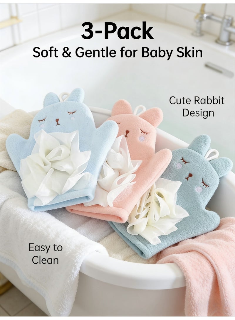 3Pcs Baby Bath Gloves - Bath Ball Gloves - Sponge Brush Bath Silk Gloves - Toddler Bath Gloves - Baby Bath Gloves Cleansing Scrub Mitt（Pink+Blue+Green） - Image 1