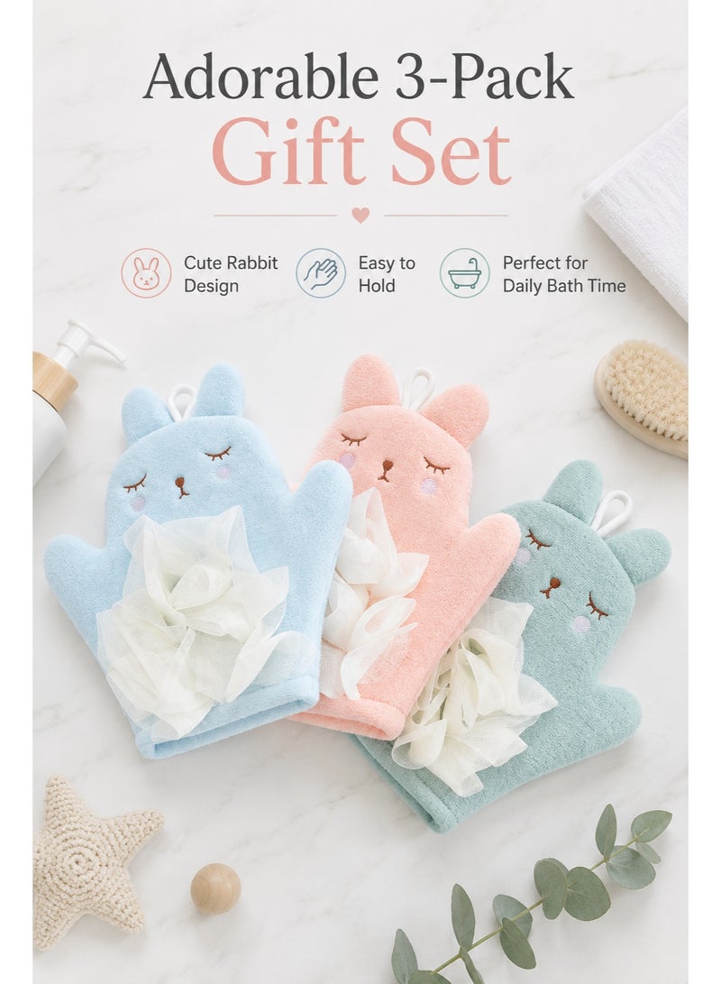 3-Pack Baby Bath Sponge Gloves, Soft Rabbit Bath Mitts for Toddlers and Kids, Gentle Bath Wash Gloves for Baby Bath Time, Pink Blue Green - Image 5
