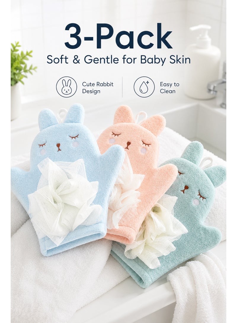 3-Pack Baby Bath Sponge Gloves, Soft Rabbit Bath Mitts for Toddlers and Kids, Gentle Bath Wash Gloves for Baby Bath Time, Pink Blue Green - Image 1