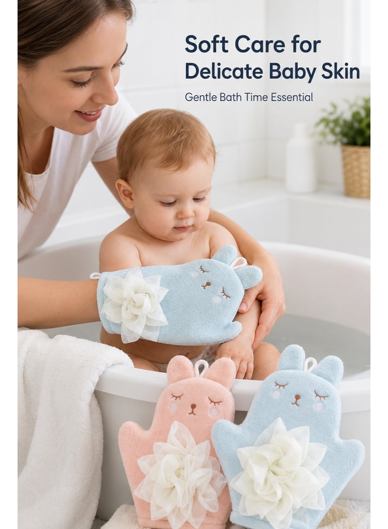 3-Pack Baby Bath Sponge Gloves, Soft Rabbit Bath Mitts for Toddlers and Kids, Gentle Bath Wash Gloves for Baby Bath Time, Pink Blue Green - Image 2